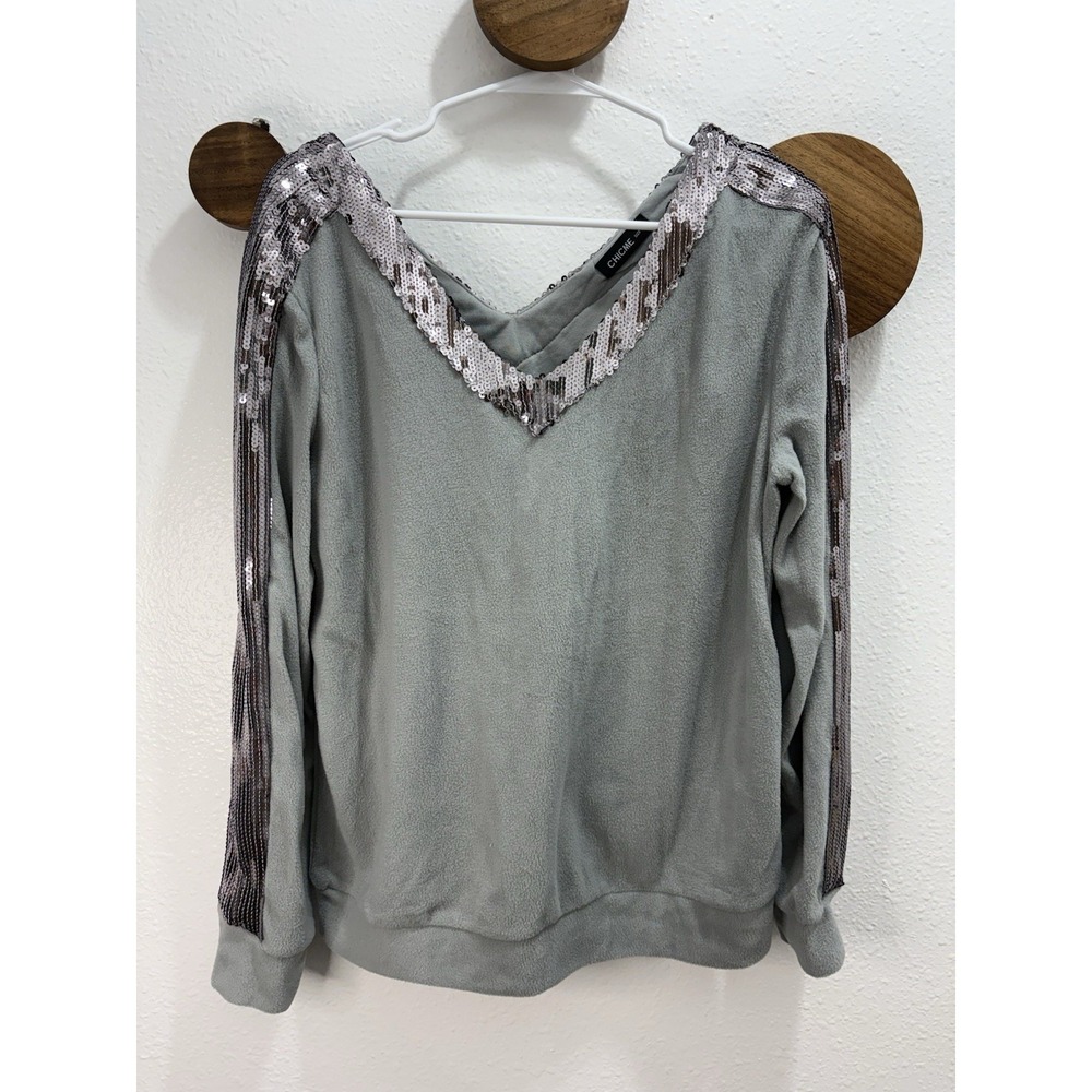 Chic Me Gray Fleece Sweatshirt Off The Shoulder Sequins V Neck Size Large